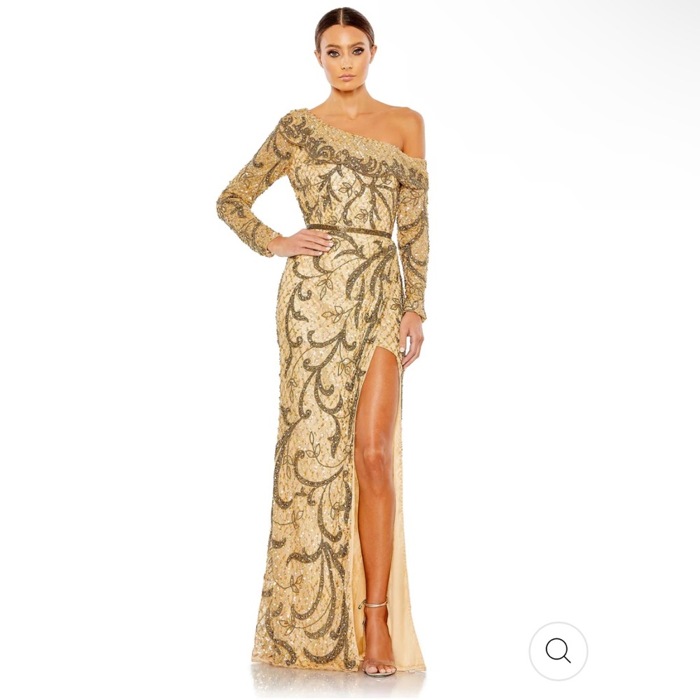 NWT MAC DUGGAL 5639 EMBELLISHED ONE SHOULDER LONG SLEEVE FAUX WRAP GOWN SIZE 16